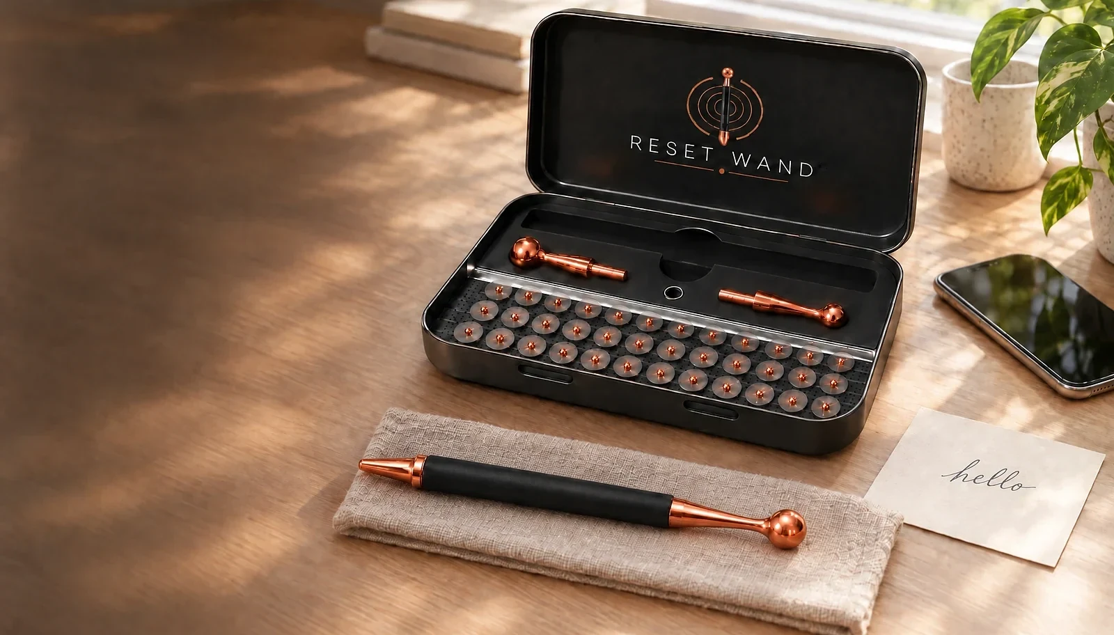 The open Reset Wand kit on a sunlit desk with the wand on a linen cloth and a handwritten hello card
