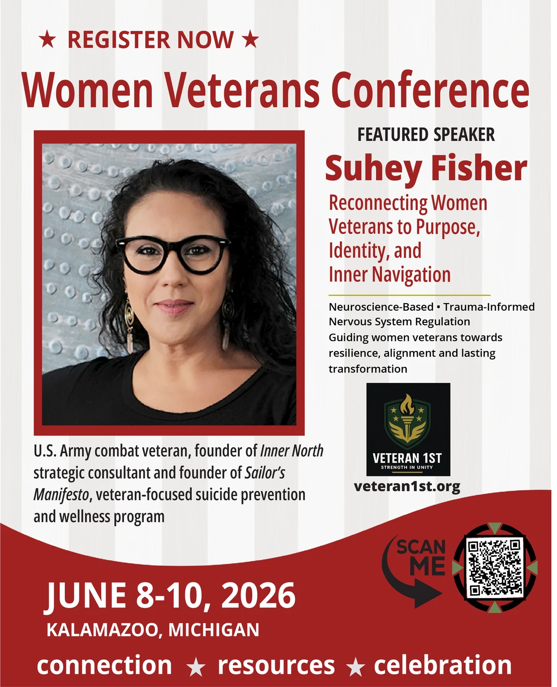Women Veterans Conference flyer naming Suhey Fisher as featured speaker, June 8 to 10, 2026, Kalamazoo, Michigan