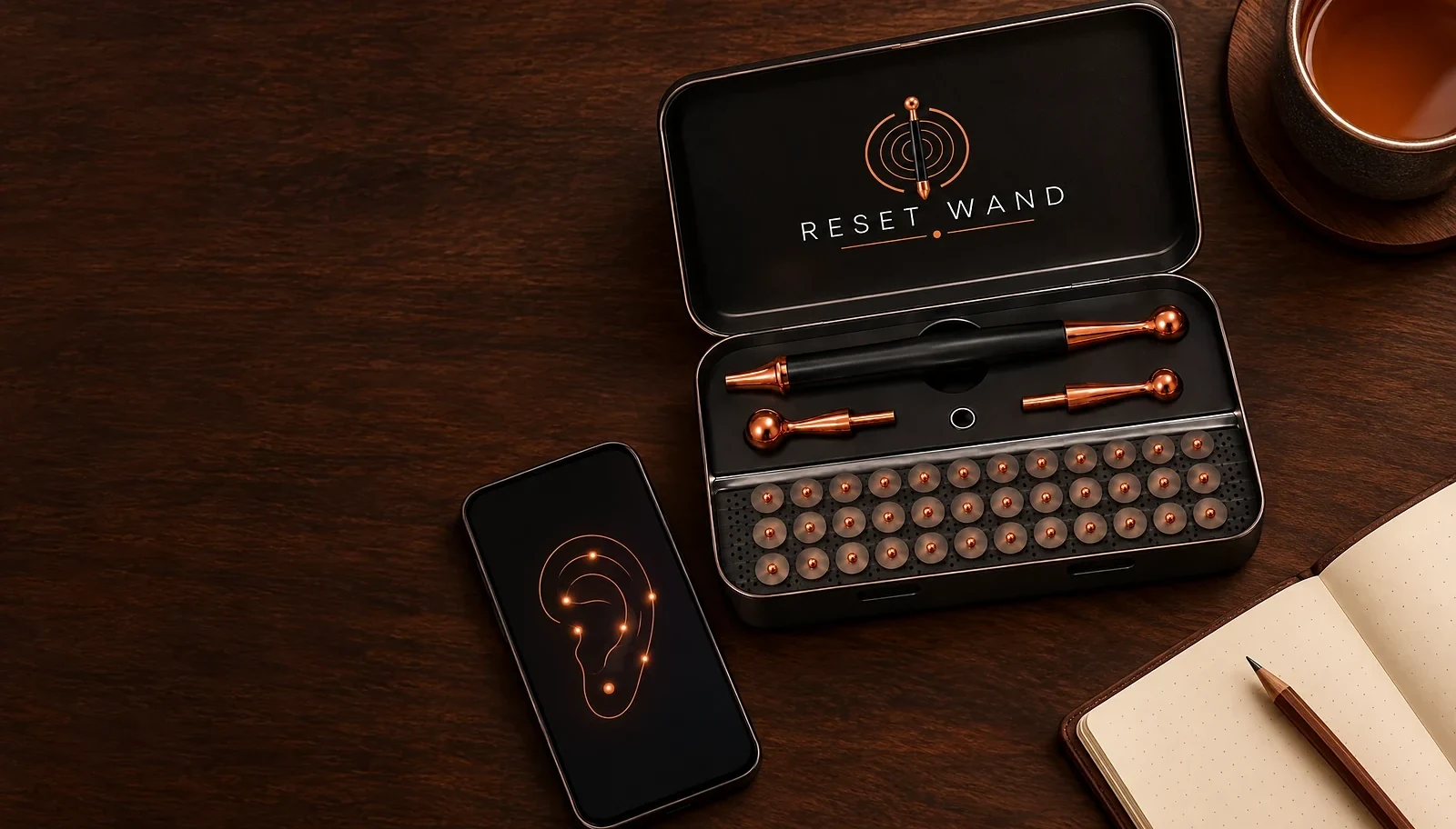 The open Reset Wand kit on a walnut table with the Reset App on a phone, a cup of tea and a notebook