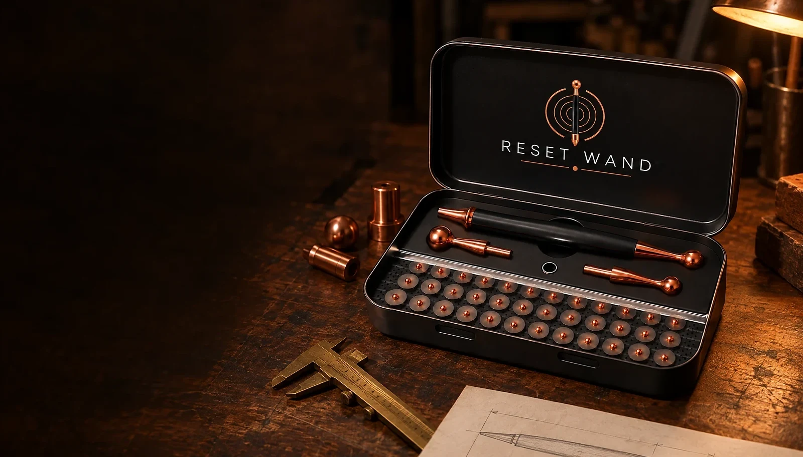 The open Reset Wand kit on a wooden workbench beside copper prototype parts, brass calipers and a pencil sketch of the wand