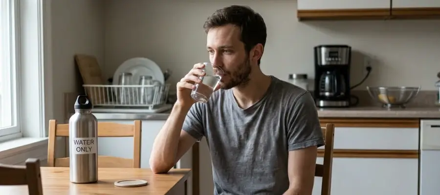 Water Fasting: Man drinks water at a wooden table