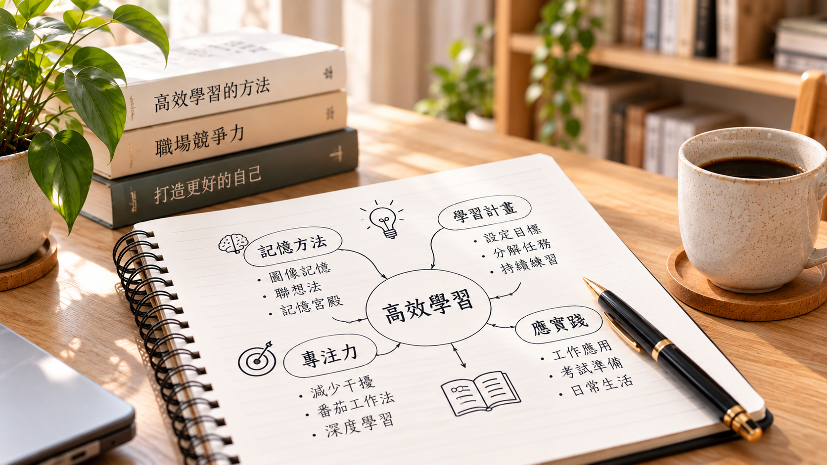 木頭書桌上的筆記本、書本與咖啡
