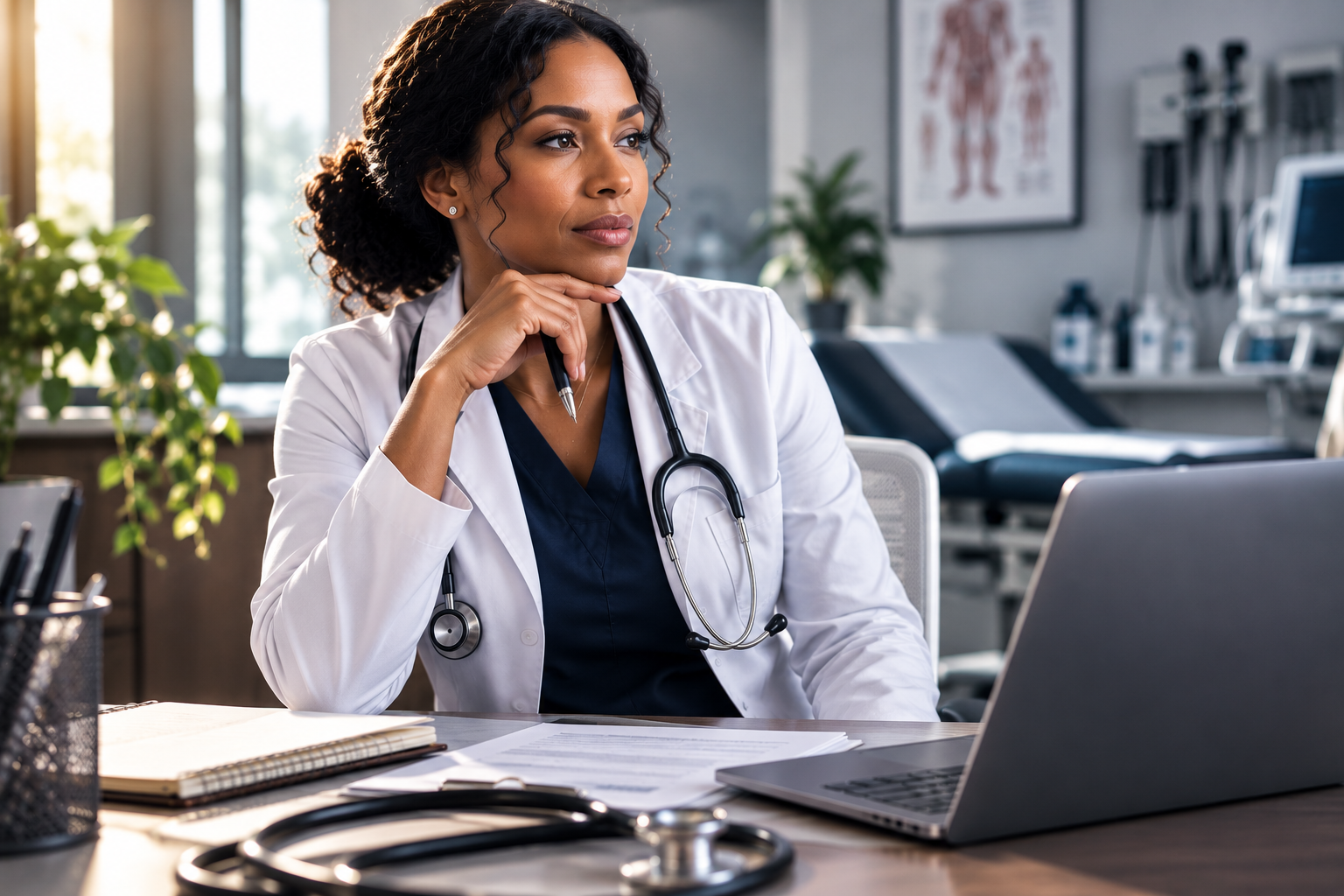 Female healthcare professional seated with laptop