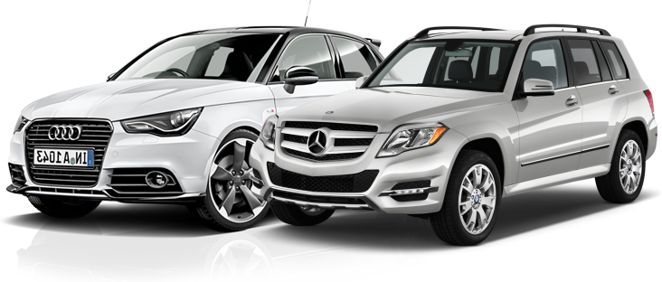 White Audi sedan and silver Mercedes SUV parked side by side with reflective floor on transparent background.