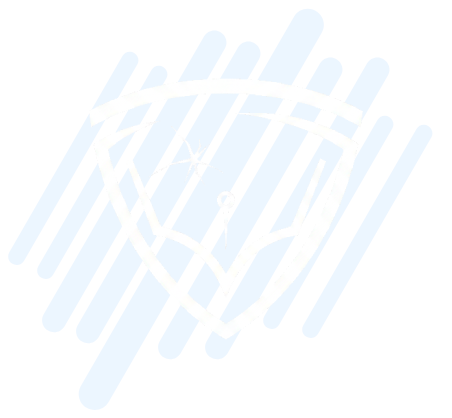 White stylized shield logo with an open book shape and spark on blue diagonal striped background.