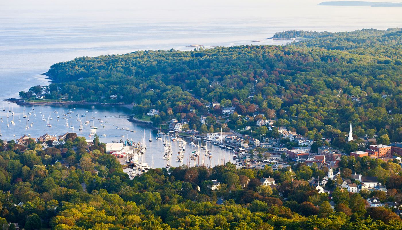 Aerial view of a Maine coastal town and harbor