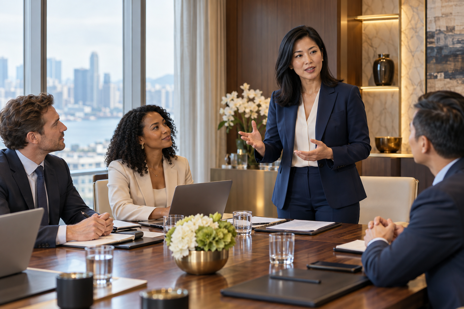 Confident professional leading a meeting with her colleagues