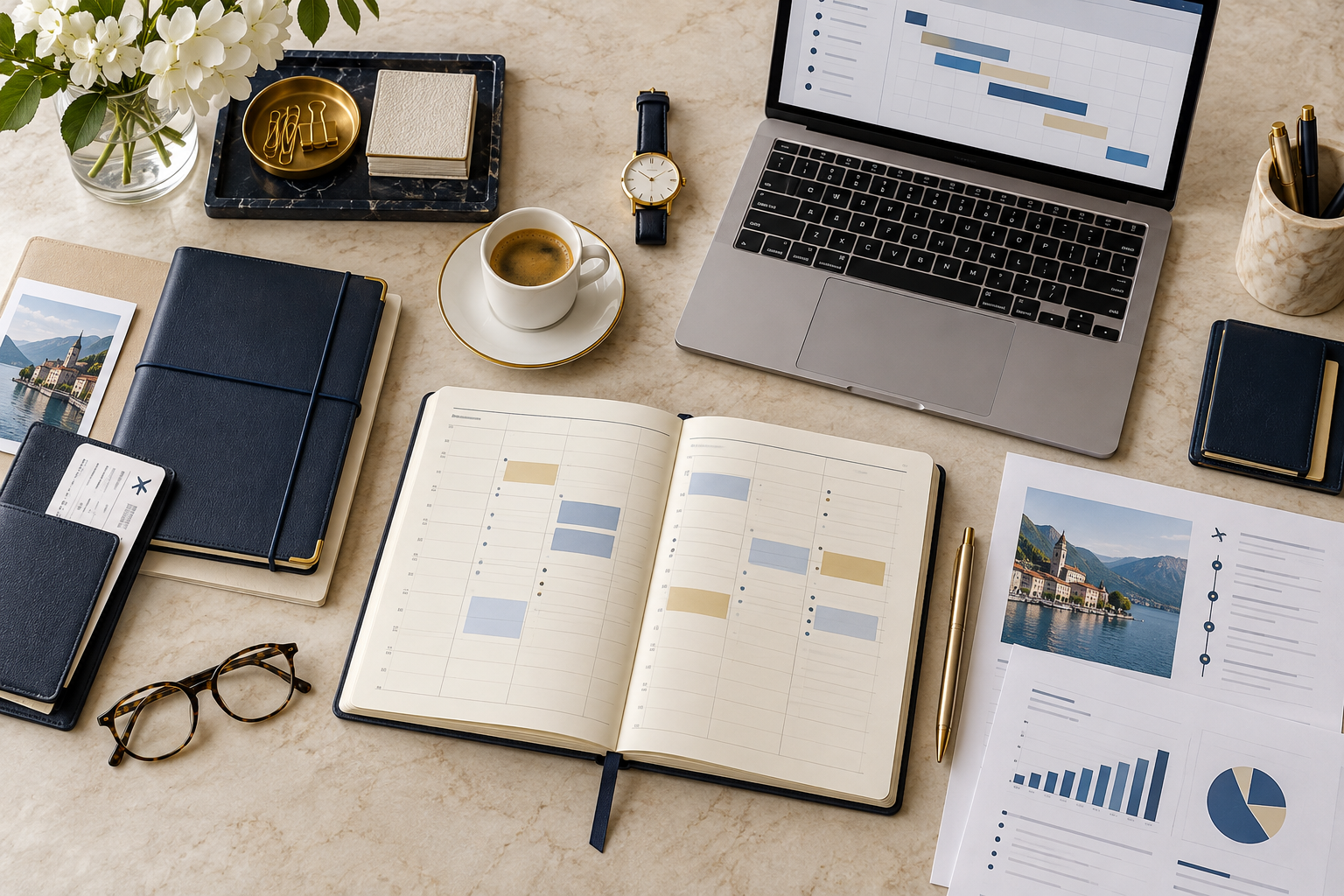 Organized executive workspace with planner, project board, and travel documents