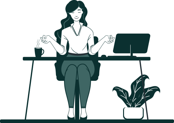 Graphic: A woman sits at her work desk in a zen medi