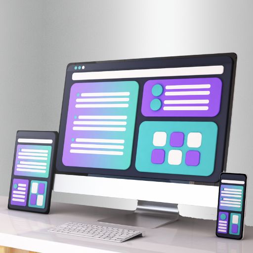 Graphic representation of a website layout on a tablet, a computer screen, and a phone.