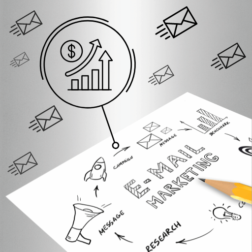 A pencil rests on a paper labeled "Email Marketing". Related icons are on the page and floating around the paper.