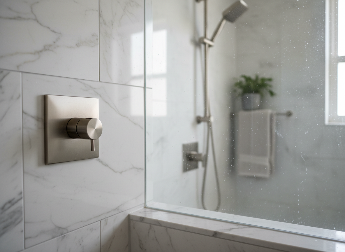 Close-up bathroom fixture hardware and modern finish