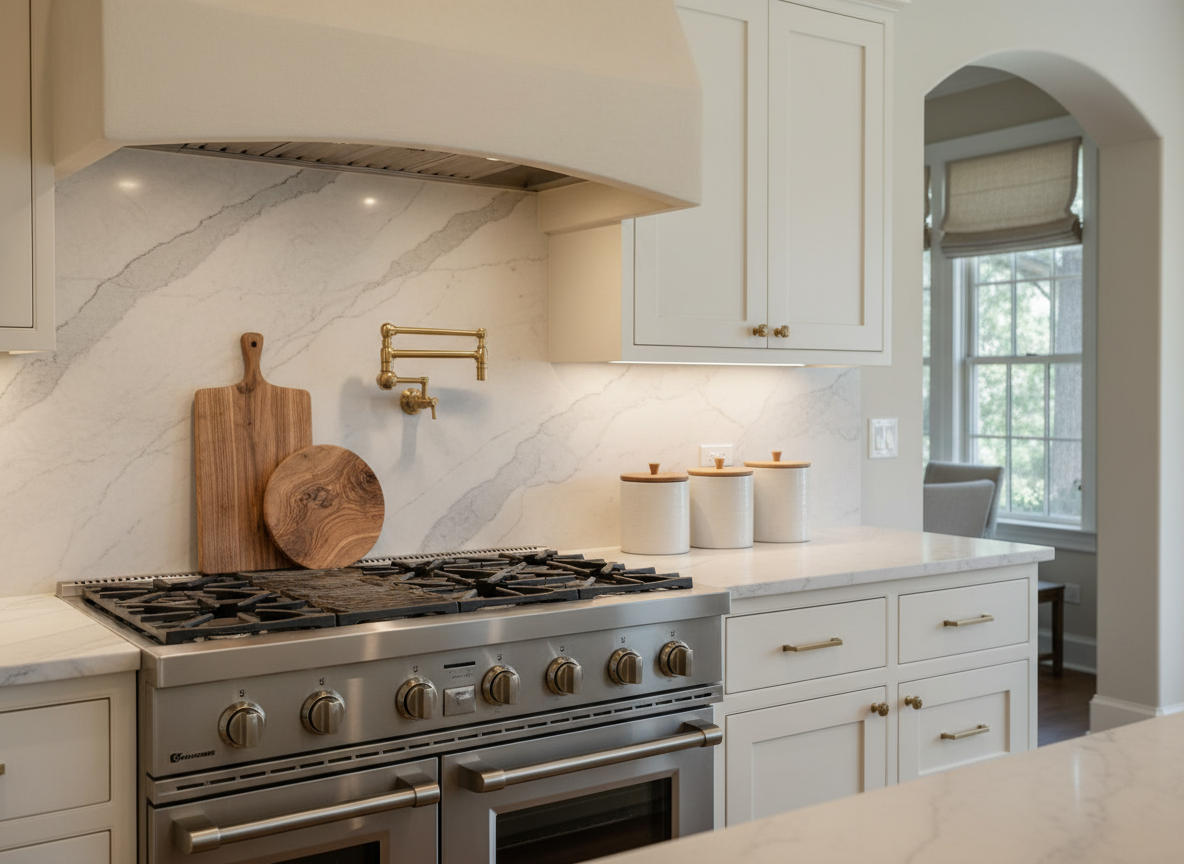 Cream luxury kitchen range wall with tile backsplash Cream luxury kitchen range wall with tile backsplash