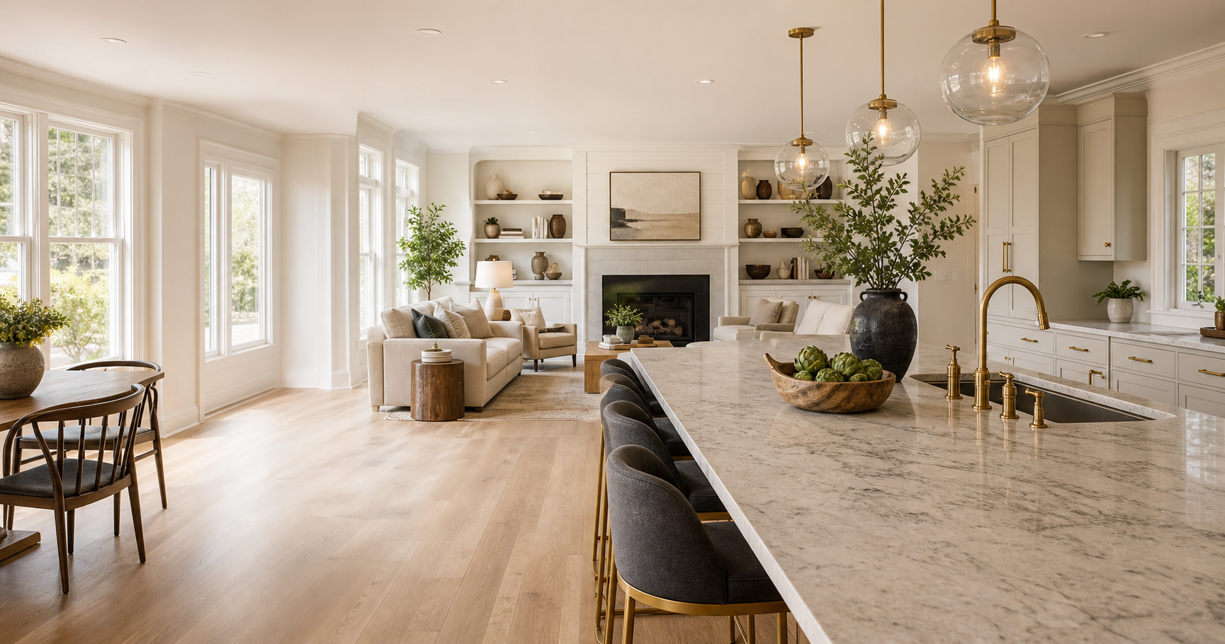 Beautiful remodeled living room and kitchen space