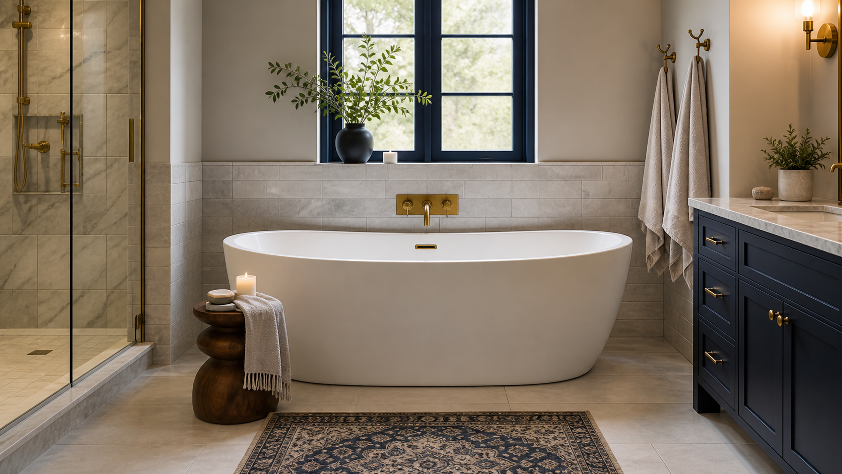 Freestanding bathtub in remodeled bathroom