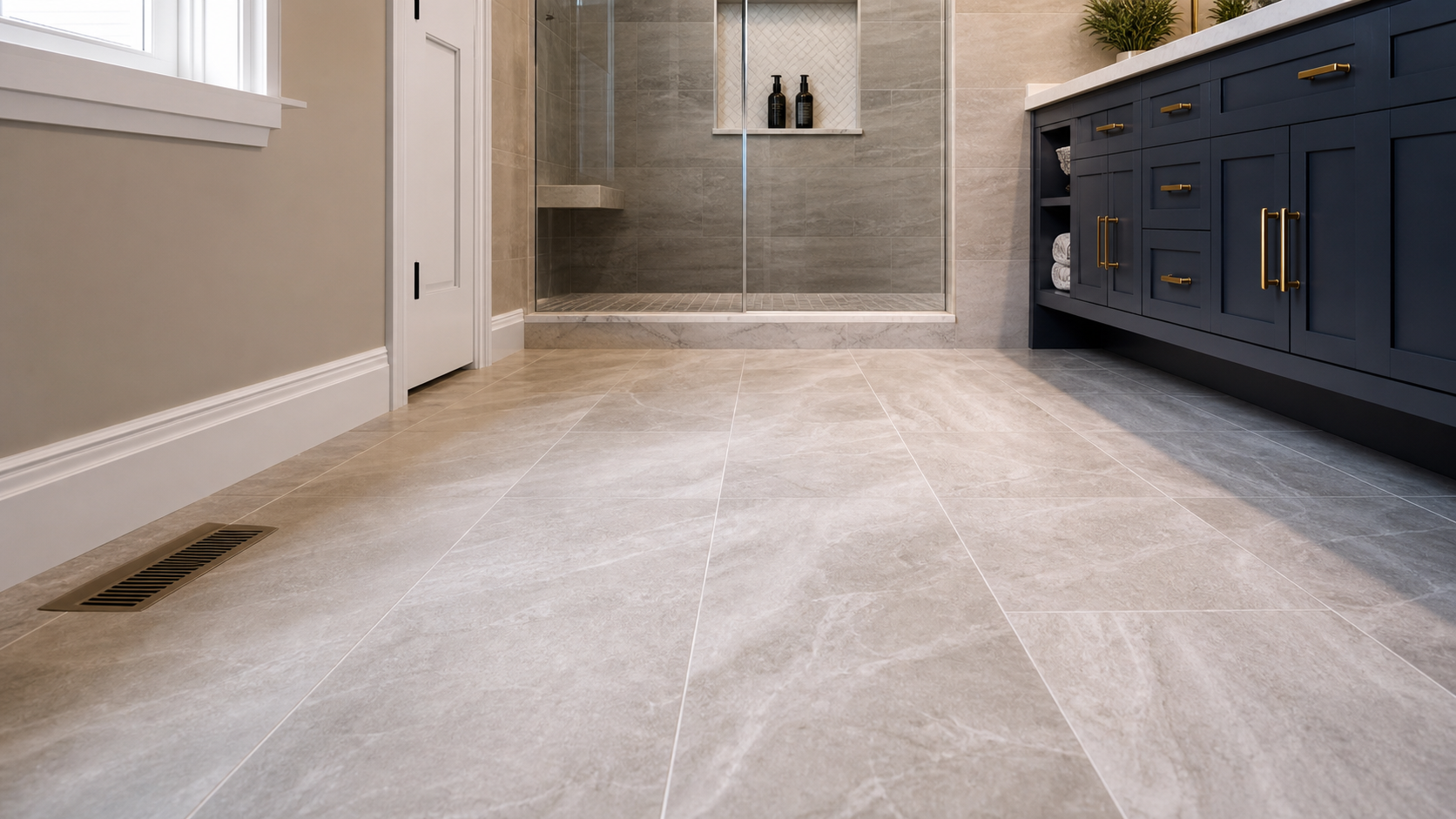 Bathroom tile flooring installation and clean renovated finishes