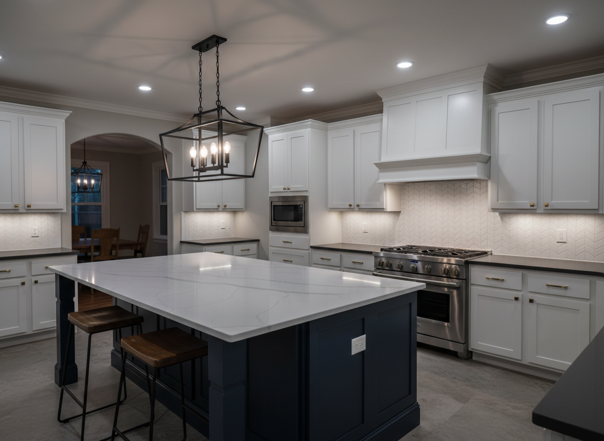 White kitchen with a navy island, quartz countertop and black pendant light
