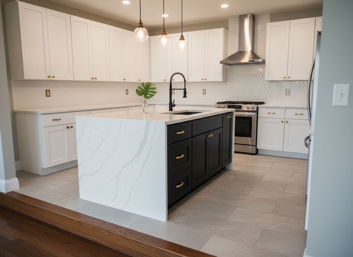 Luxury kitchen renovation with white cabinetry