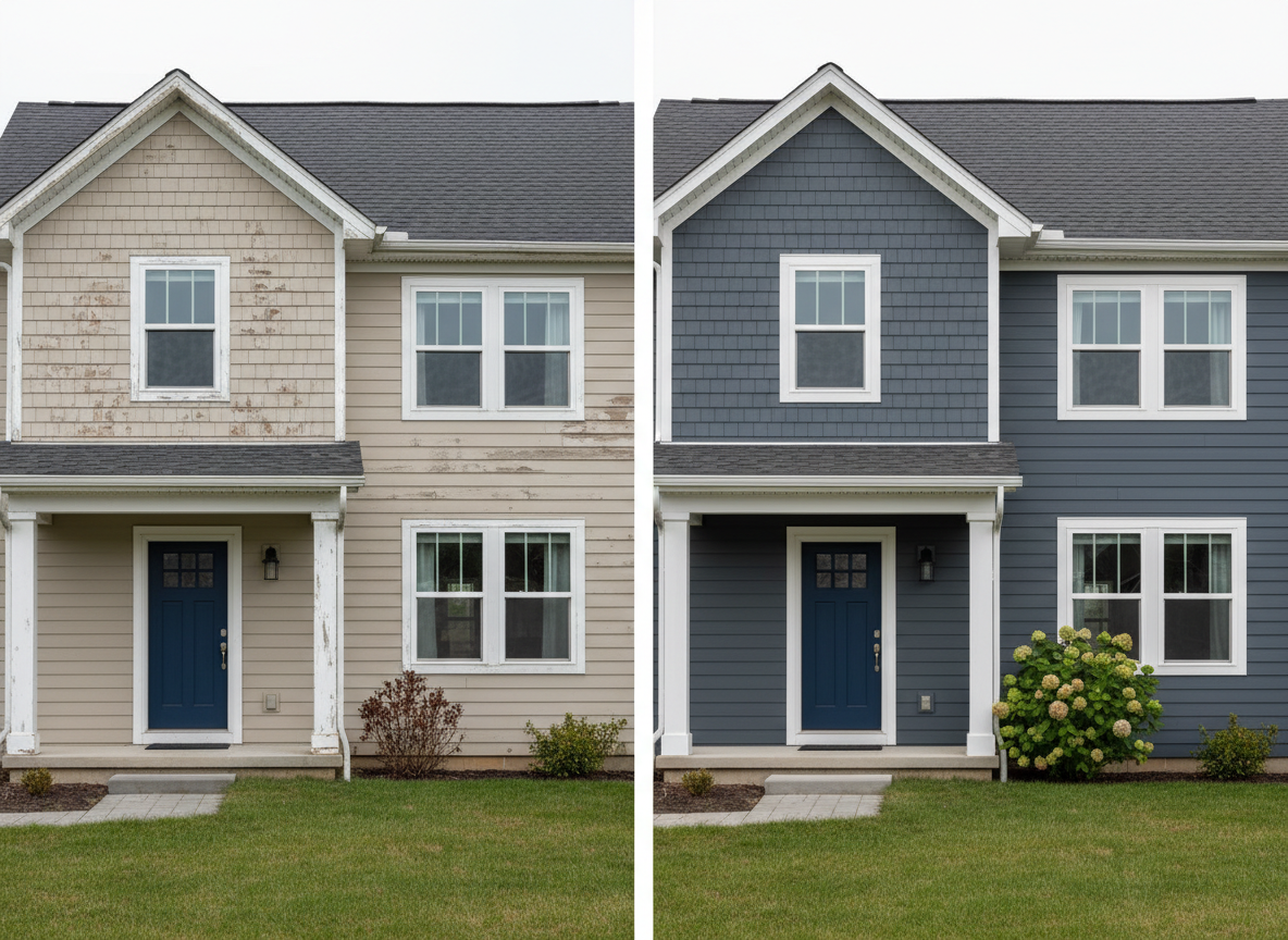 Before and after siding replacement on a Starkville, MS home by Cornerstone Remodeling