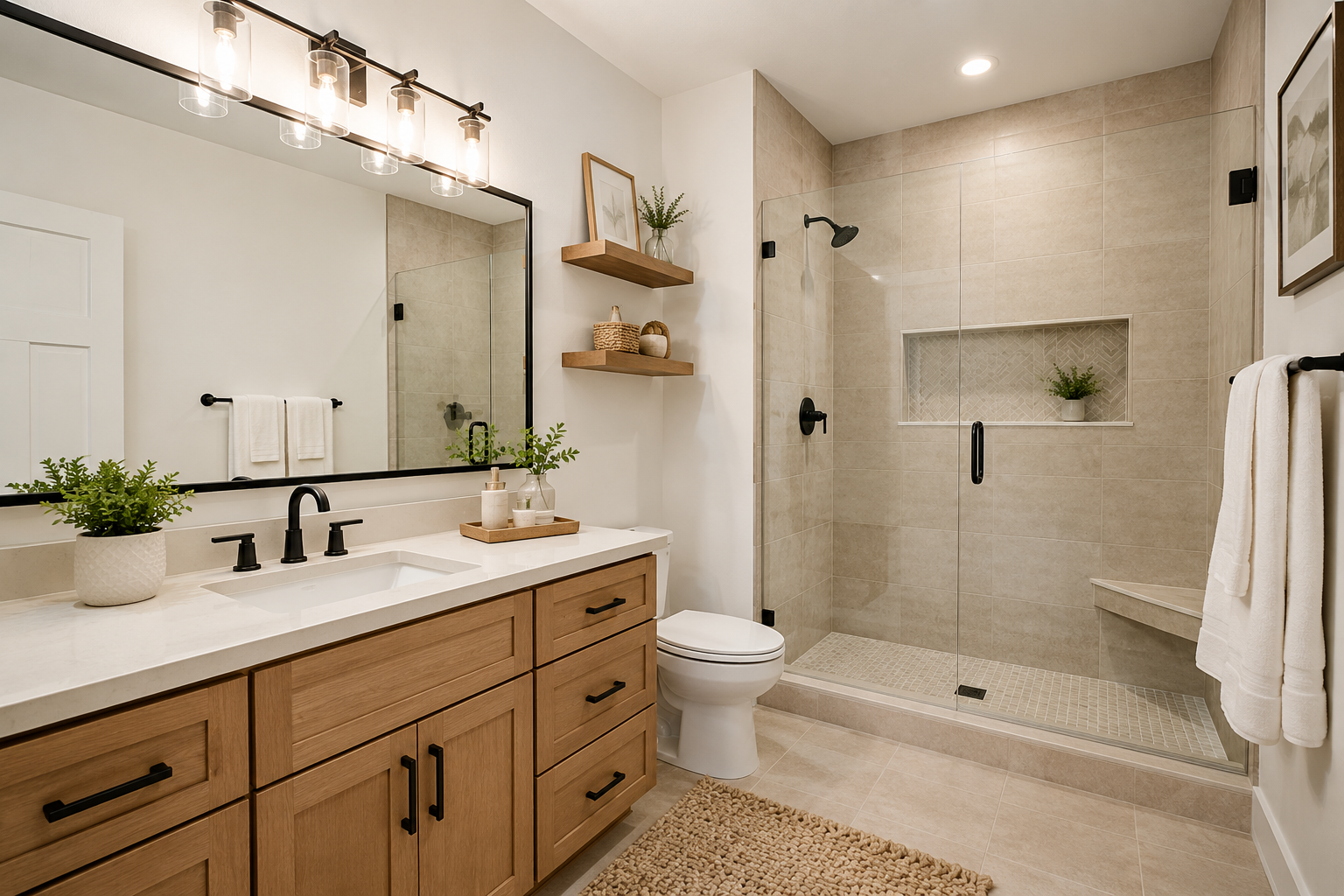 Bathroom with a wood vanity, black fixtures and a tiled walk-in shower