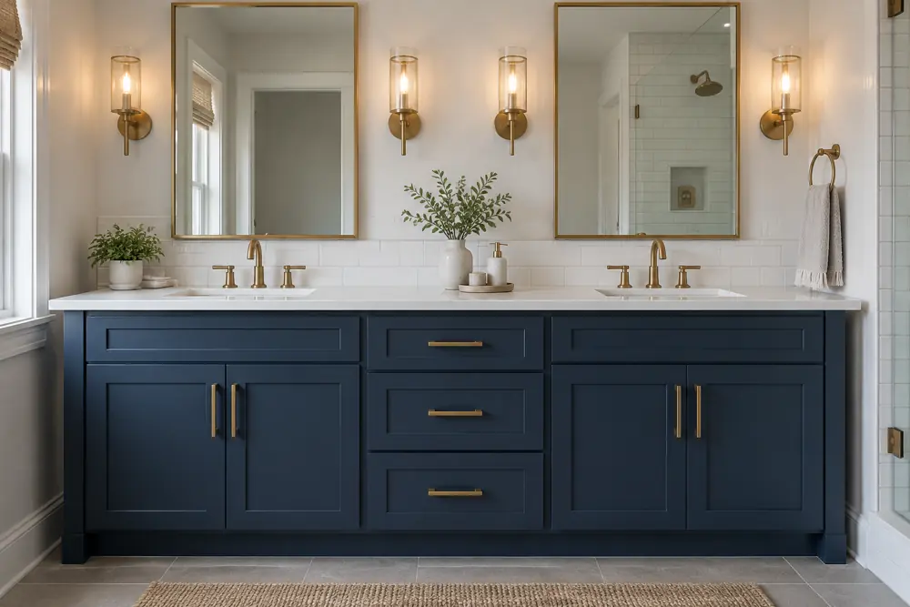 Bathroom with a navy double vanity, brass sconces and two framed mirrors