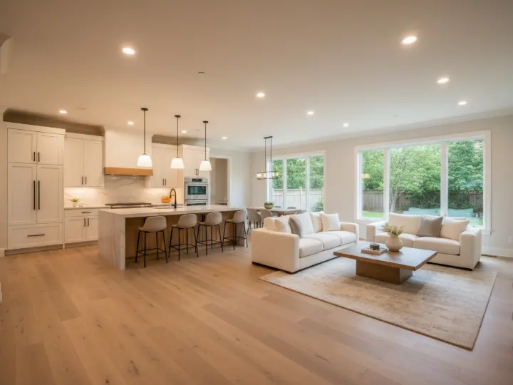 Open-concept living room and kitchen with light wood floors and white cabinetry