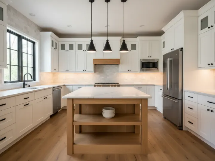 White kitchen with a wood island, pendant lights and stainless appliances