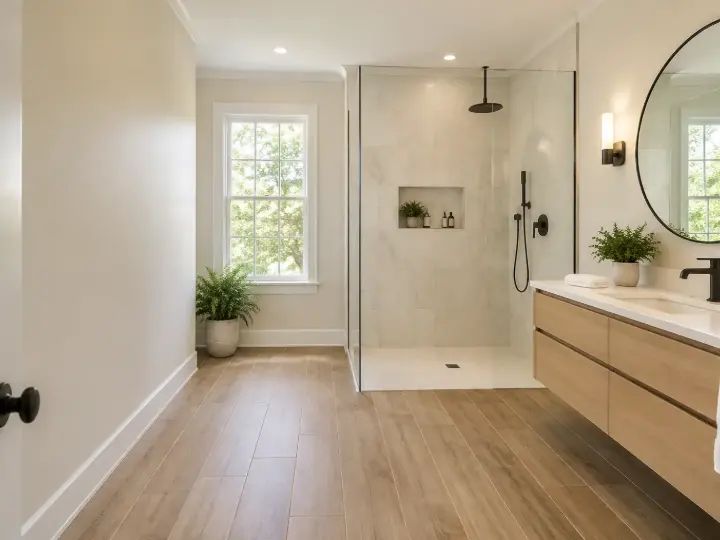 Bright bathroom with a glass walk-in shower and floating wood vanity