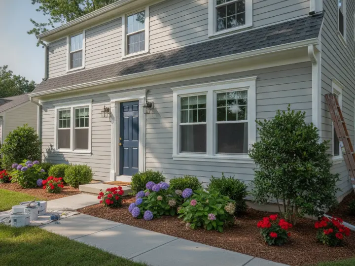 Freshly painted two-story home exterior with gray siding and white trim
