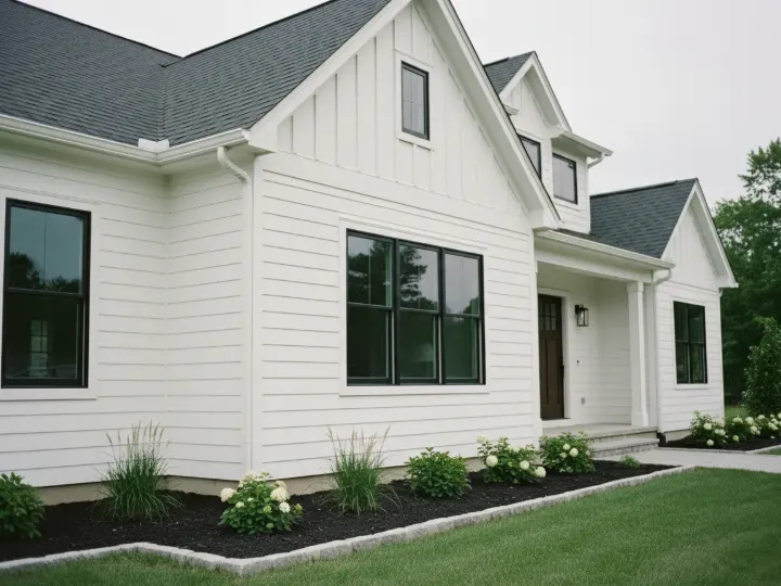 White home exterior with board-and-batten siding and black windows
