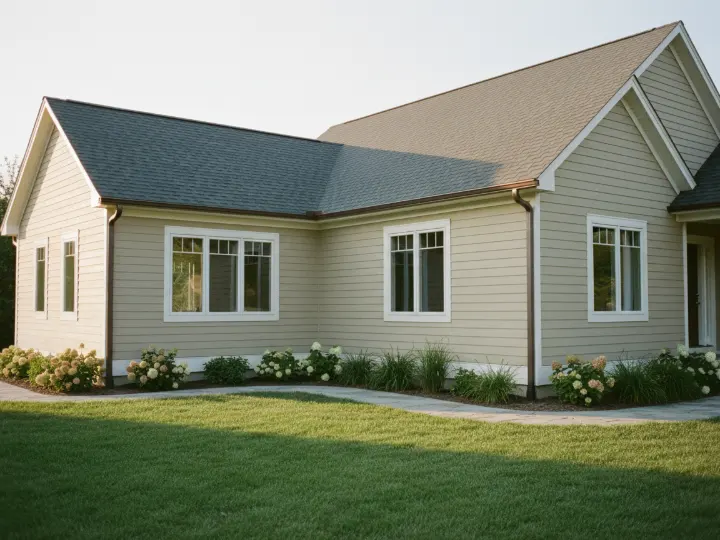 Single-story home with a new wing and matching siding and roofline