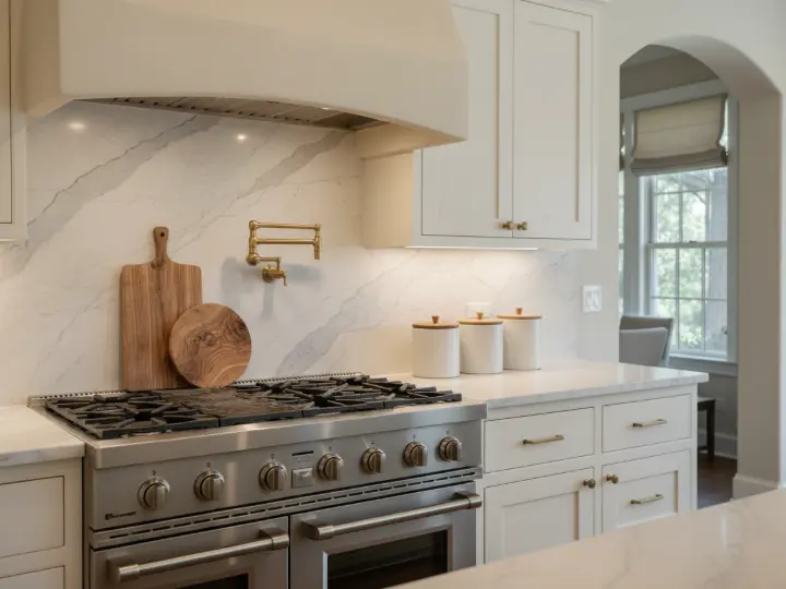 Cream kitchen cabinetry around a range with a plaster hood