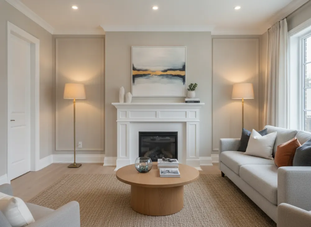 Finished living room with a fireplace, soft lighting and neutral furnishings