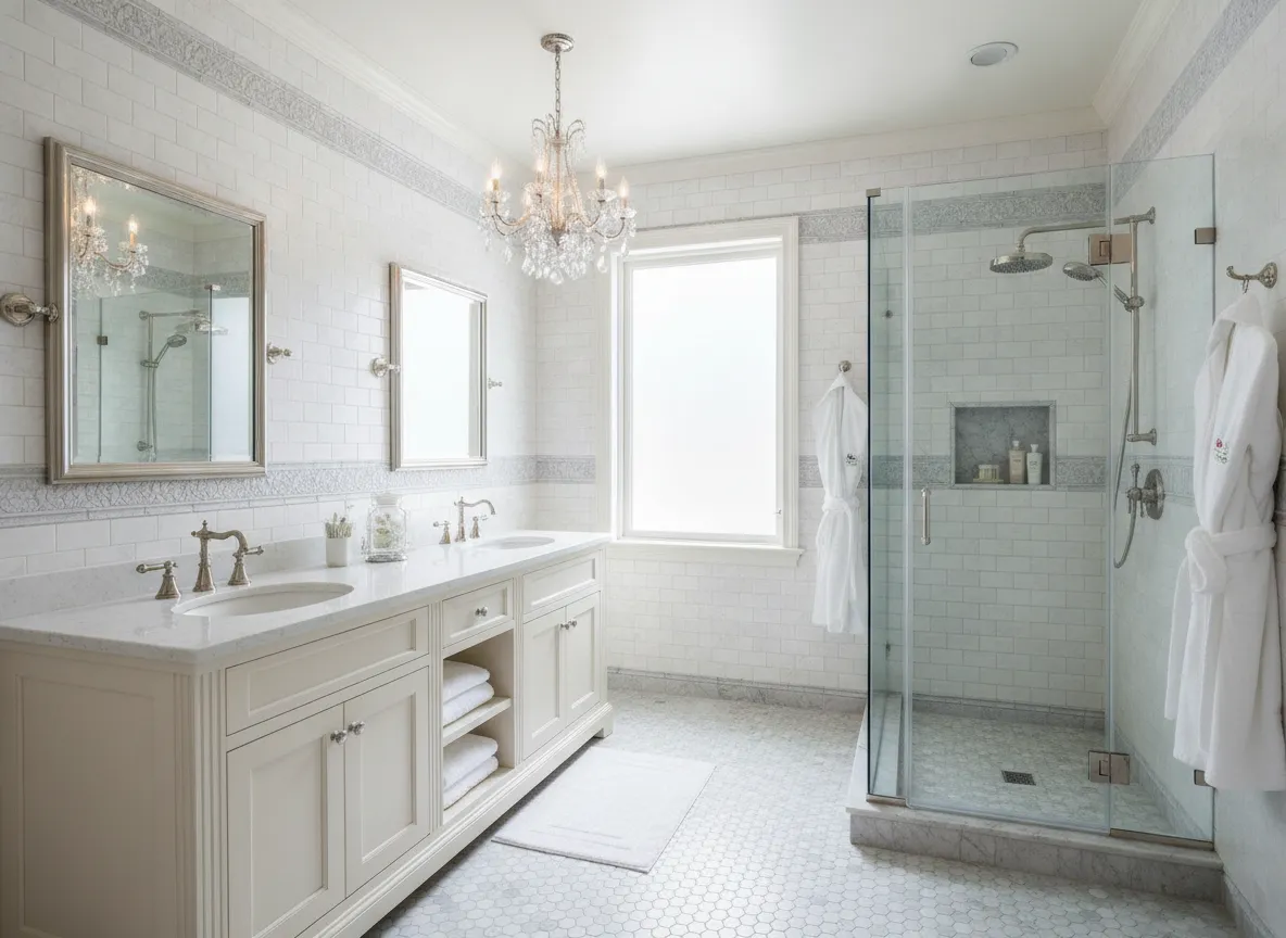 Bright bathroom with a white double vanity, chandelier and frameless glass shower