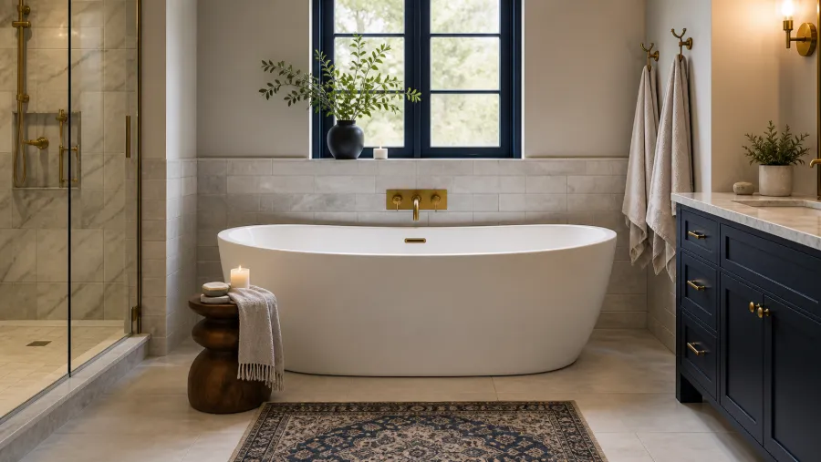 Freestanding bathtub in remodeled bathroom