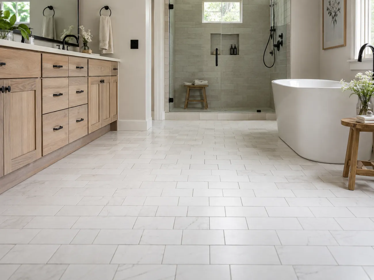Remodeled bathroom with a wood vanity, walk-in shower and freestanding tub