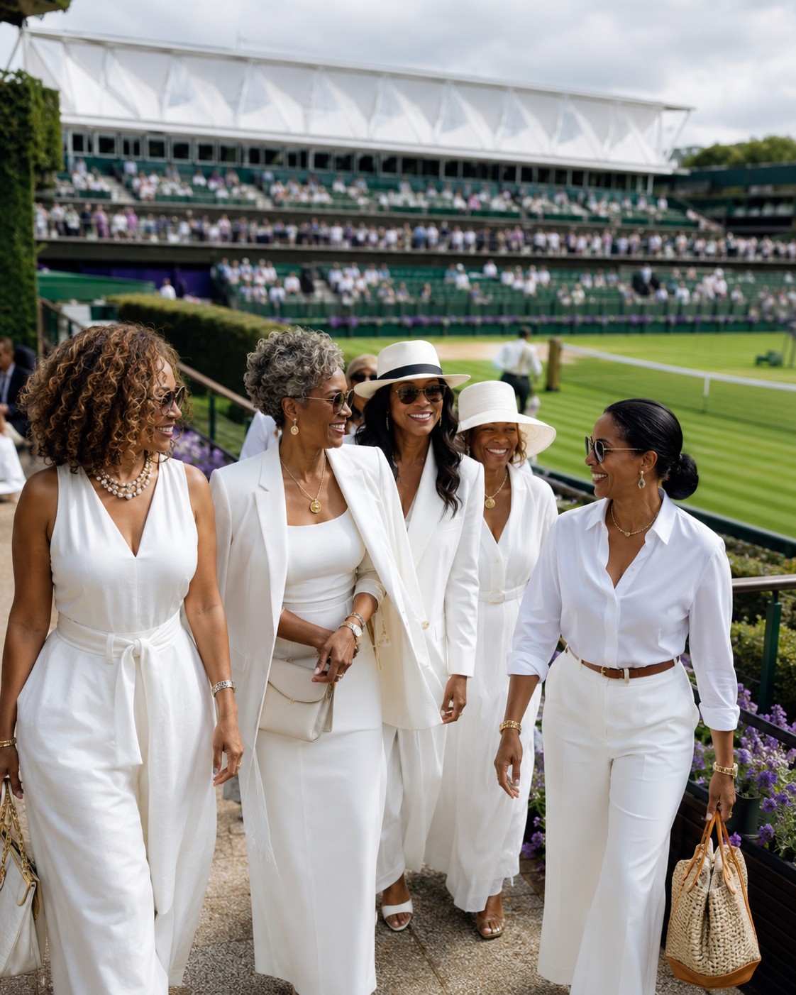 Group of women in white at a tennis stadium