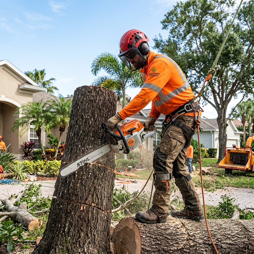 Arborist cutting tree trunk in Port Charlotte