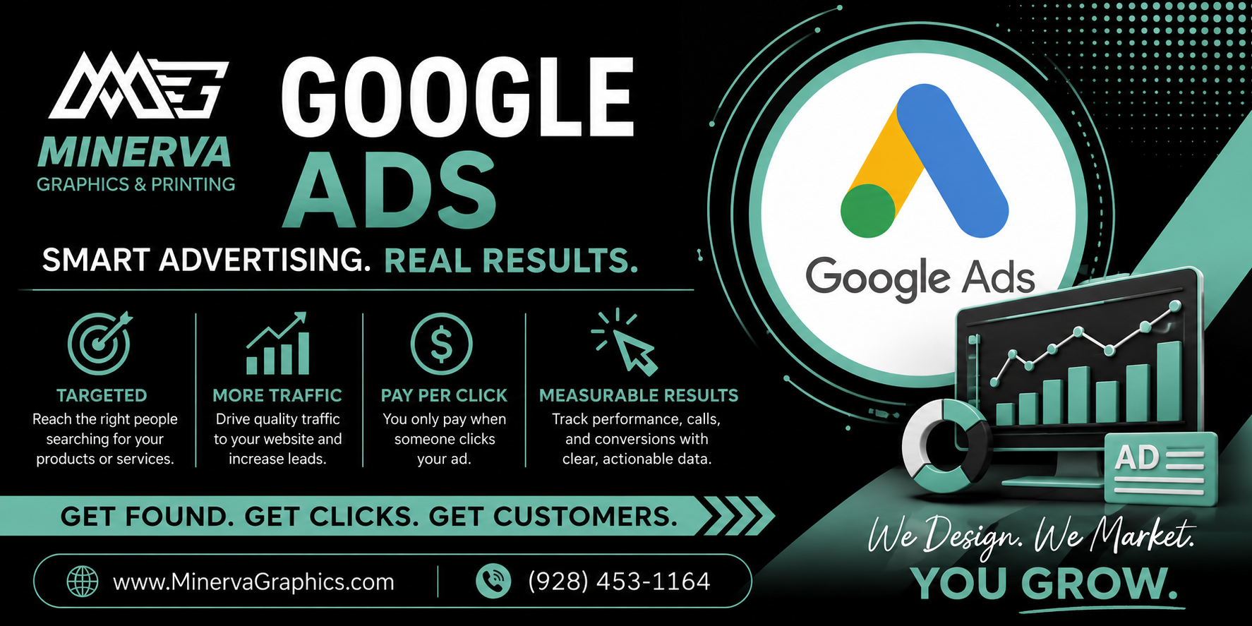 Minerva Graphics & Printing Google Ads marketing graphic featuring the Minerva logo, Google Ads logo, targeted advertising, increased website traffic, pay-per-click advertising, and measurable results. Minerva Graphics & Printing Google Ads marketing graphic featuring the Minerva logo, Google Ads logo, targeted advertising, increased website traffic, pay-per-click advertising, and measurable results.