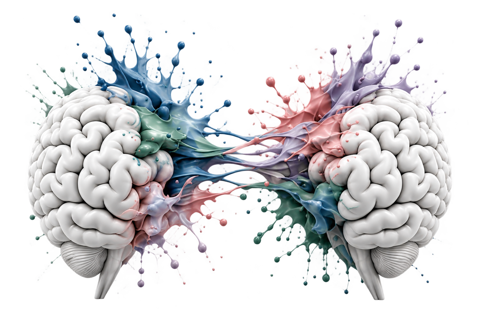 Two sculptural brains connecting through shared colour