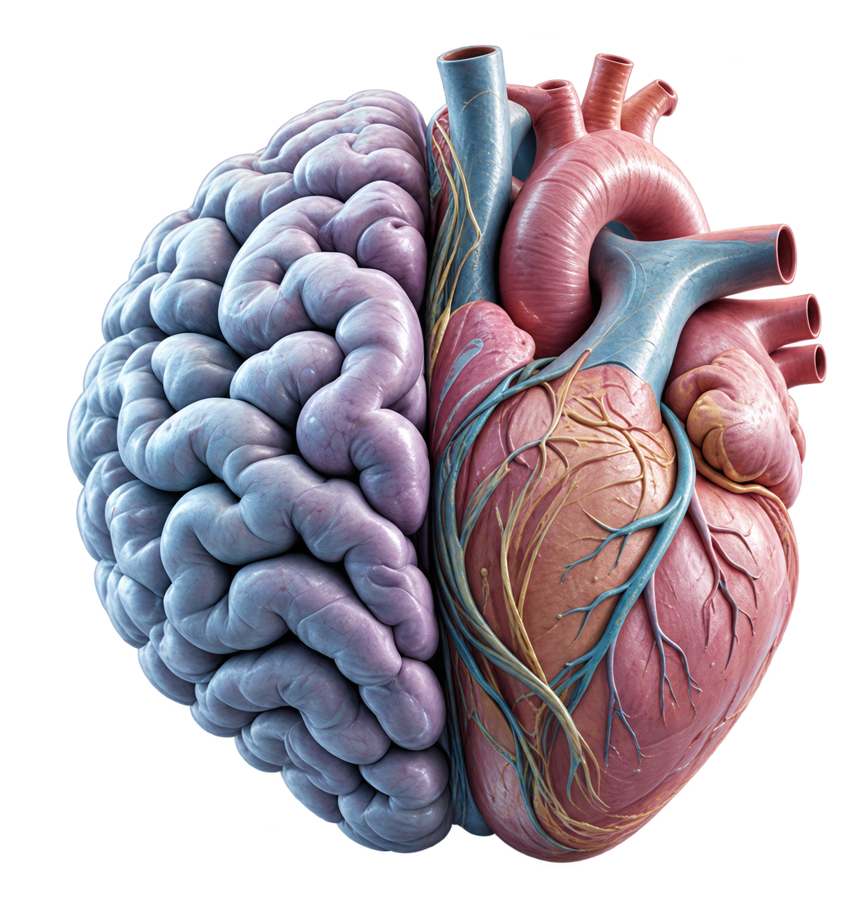 A sculptural brain and heart representing thoughts, emotions and relationships
