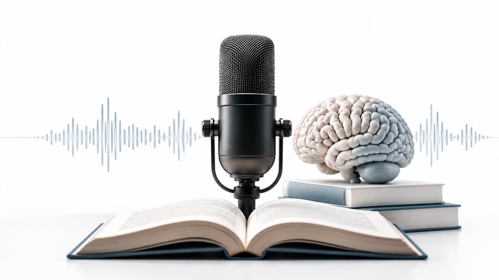 Microphone, books and brain representing psychology interviews and educational media