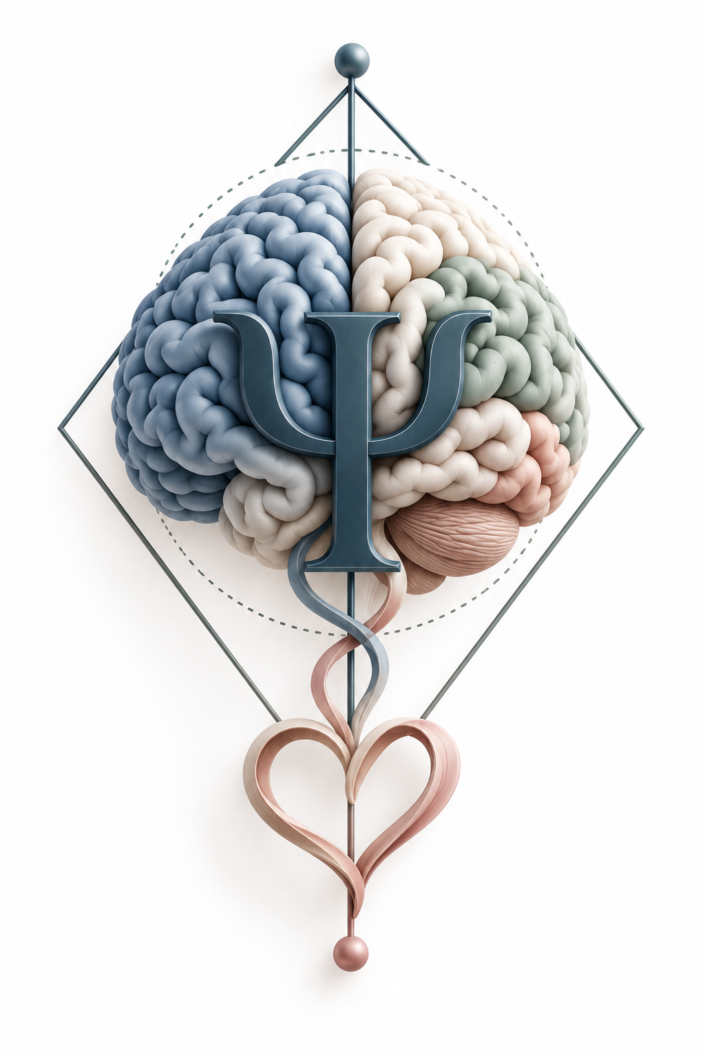 Conceptual psychology artwork showing a brain, psychology symbol and connection between cognition and emotion