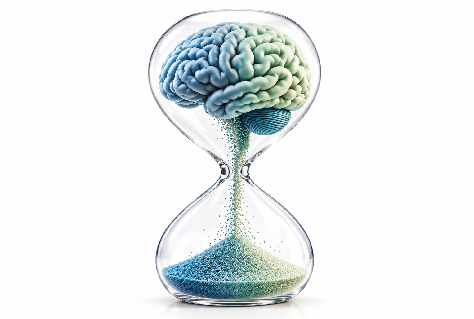 Conceptual brain within an hourglass representing long-term psychological therapy and understanding over time
