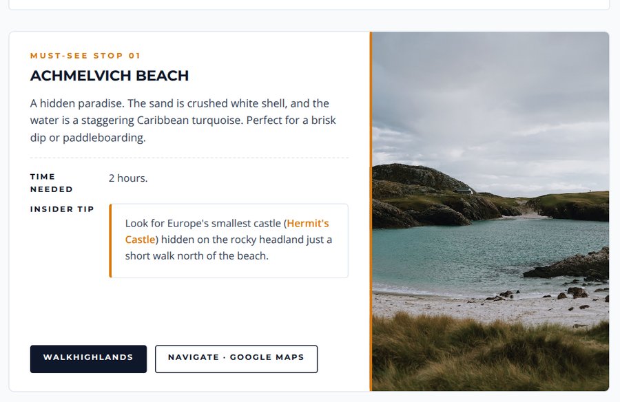 A Must-See Stop card for Achmelvich Beach with its Walkhighlands and Navigate · Google Maps buttons