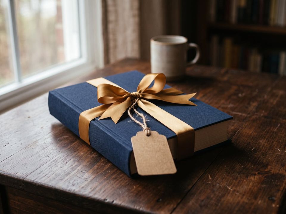 A navy hardcover book tied with a brass ribbon and a blank gift tag, on a wooden table