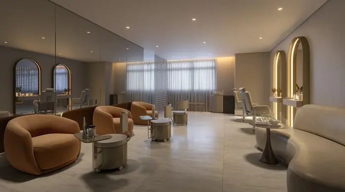 Espaço beleza com poltronas e bancada de atendimento