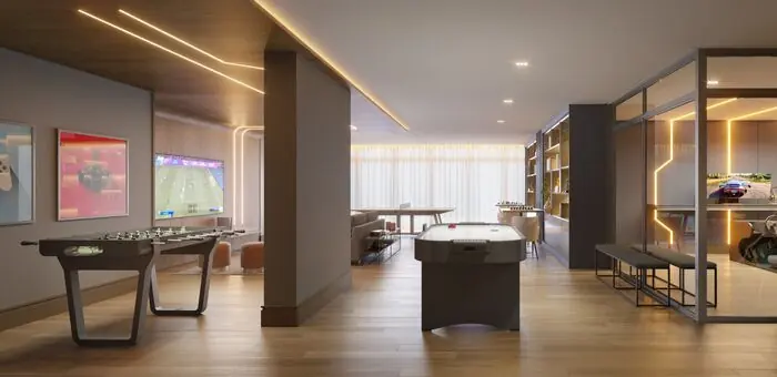 Sala de jogos teen com mesas de pebolim e sinuca