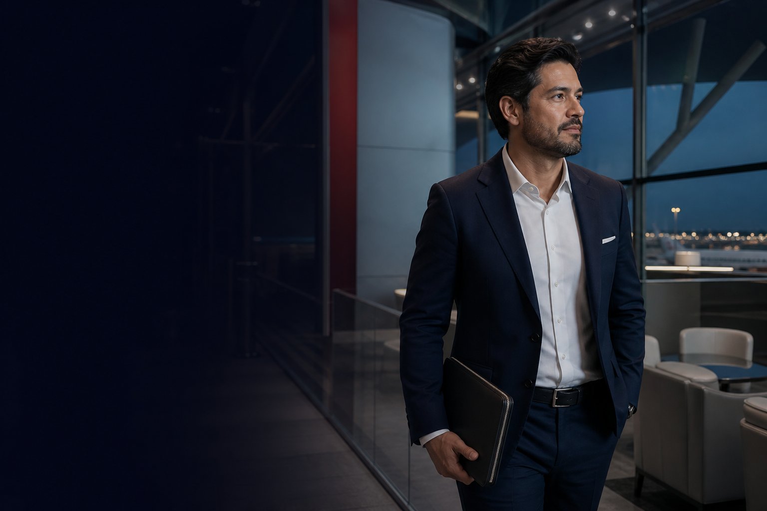 Ejecutivo mexicano en un aeropuerto internacional