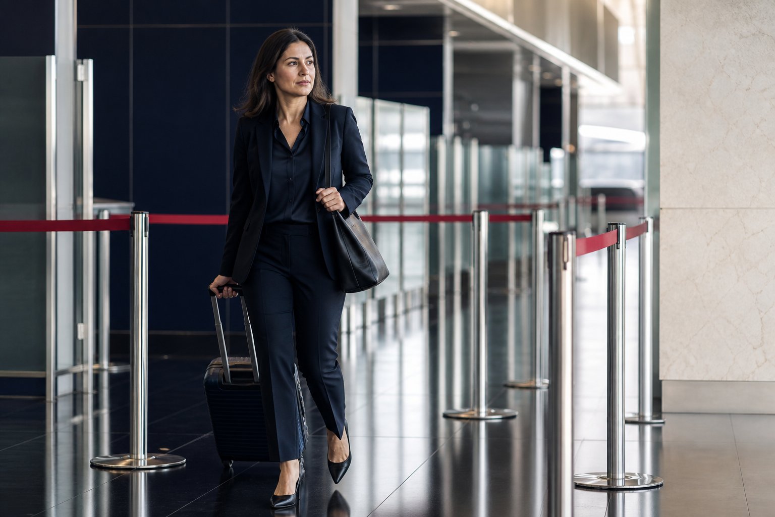Ejecutiva mexicana en un carril prioritario de aeropuerto
